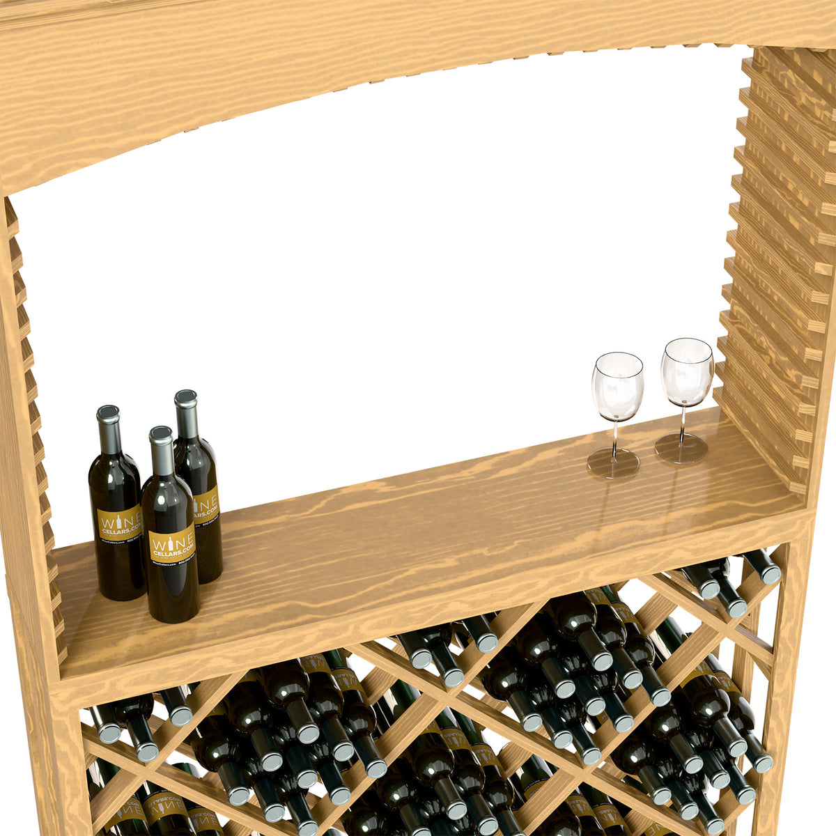 Light wood wine station close-up: bottle and glass set on shelf above diamond lattice rack.