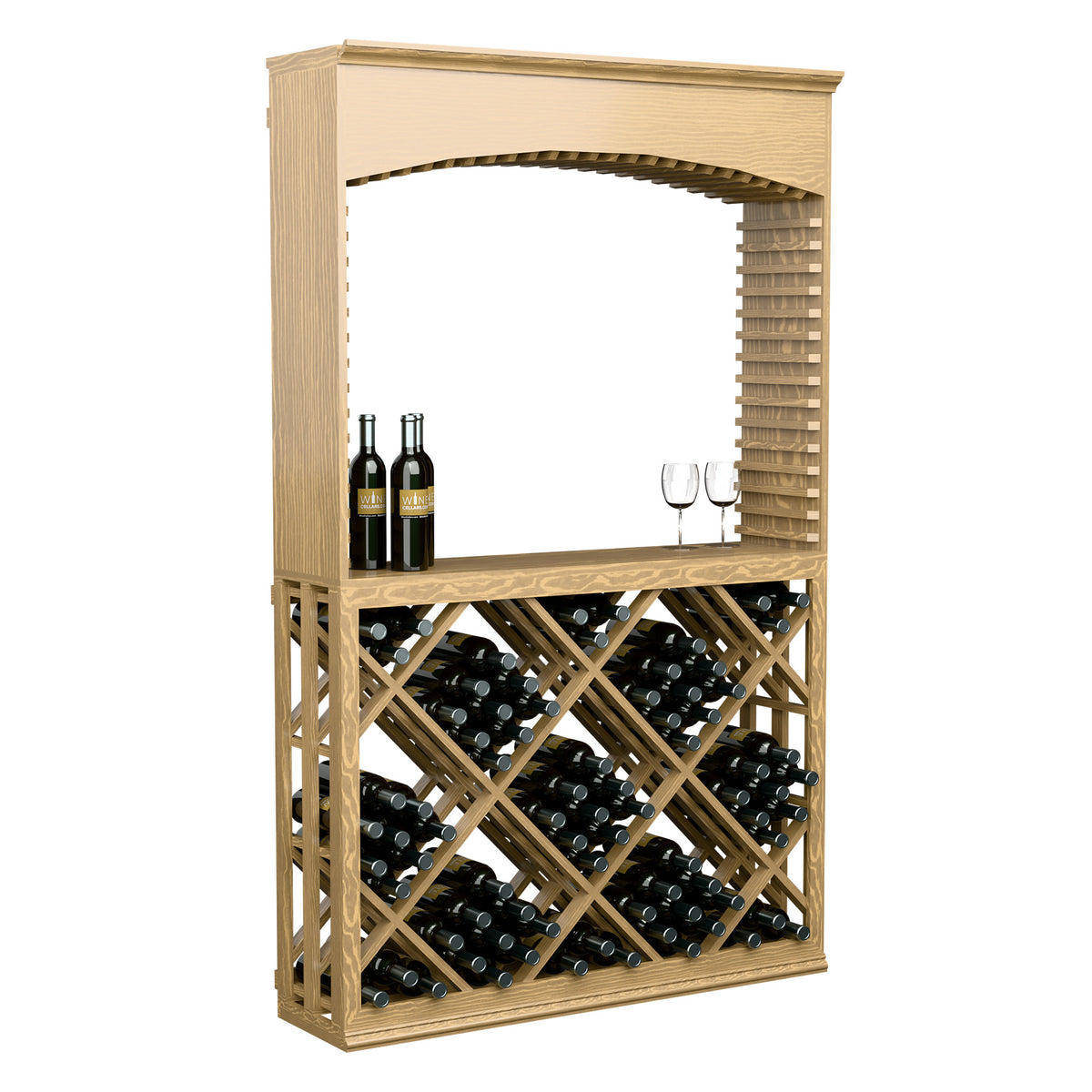 Light wood arch wine display with diamond lattice storage bin for wine bottles.