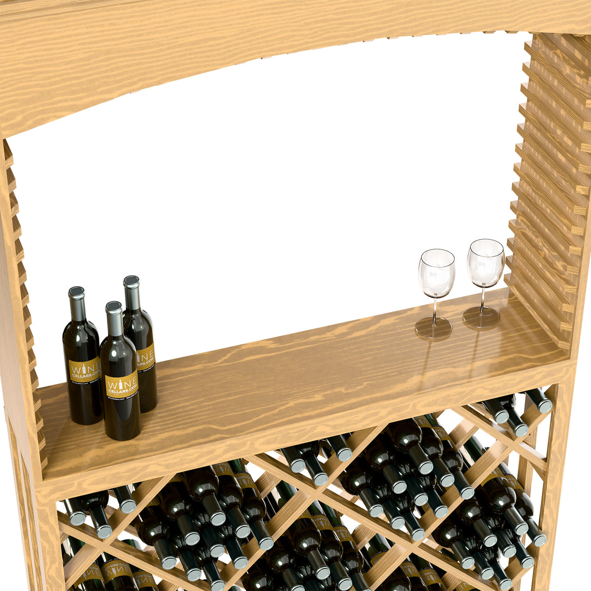 Light wood wine station close-up: top shelf with glasses and bottles, diamond lattice rack.