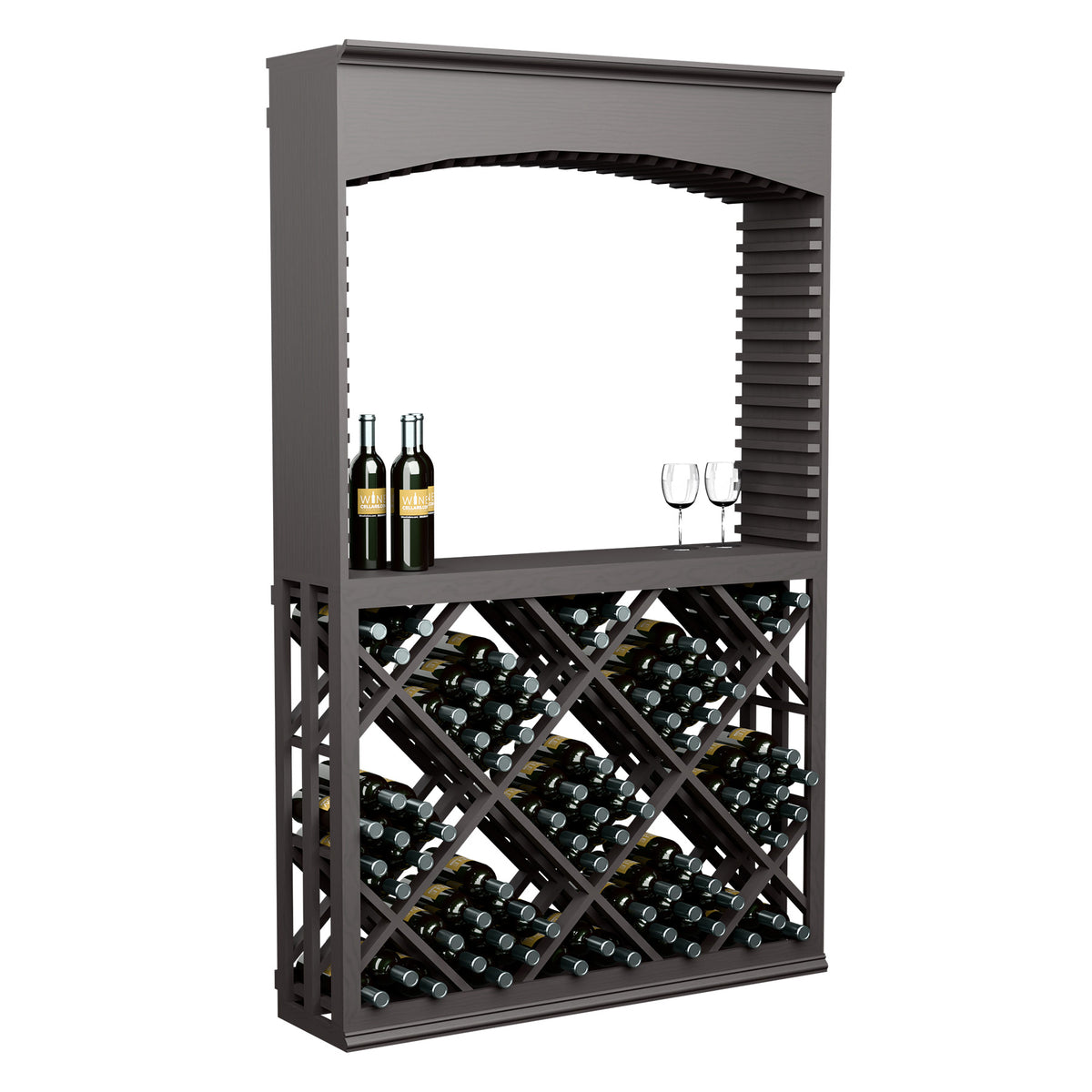 Dark grey wine tasting station with archway and diamond lattice bin holding wine bottles.