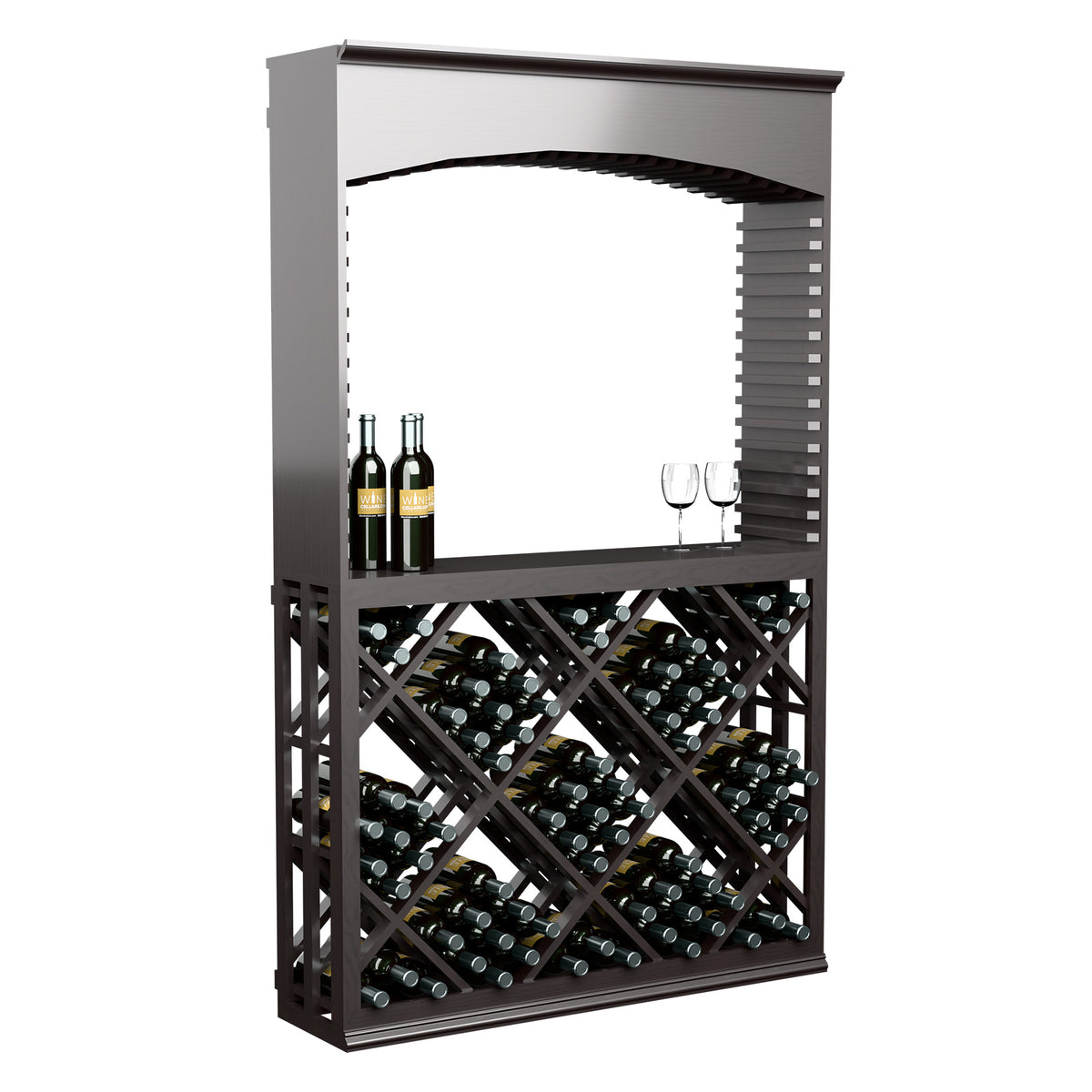 Dark grey archway wine tasting station with diamond lattice wine bin and bottles on shelf.