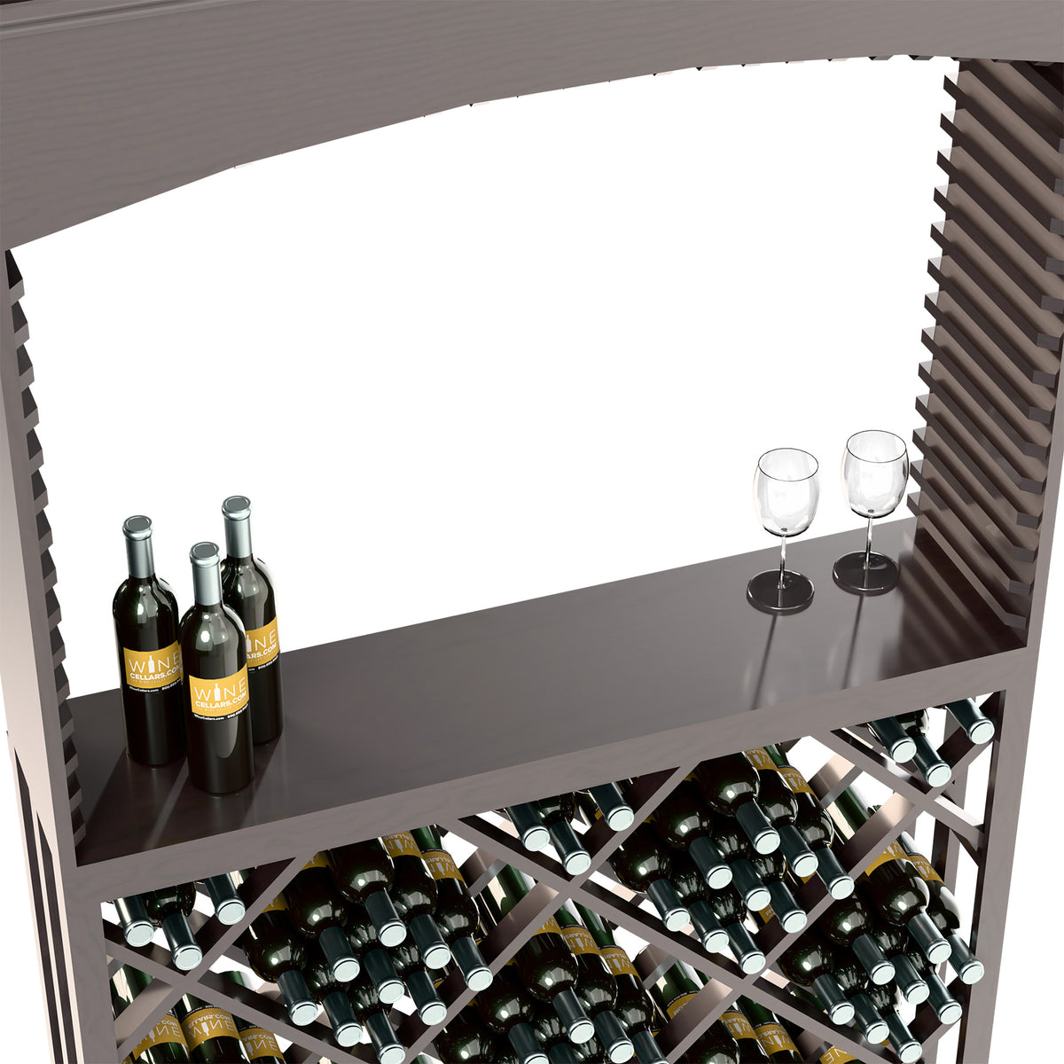 Dark grey wine station close-up: shelf with glasses and bottles above diamond lattice rack.