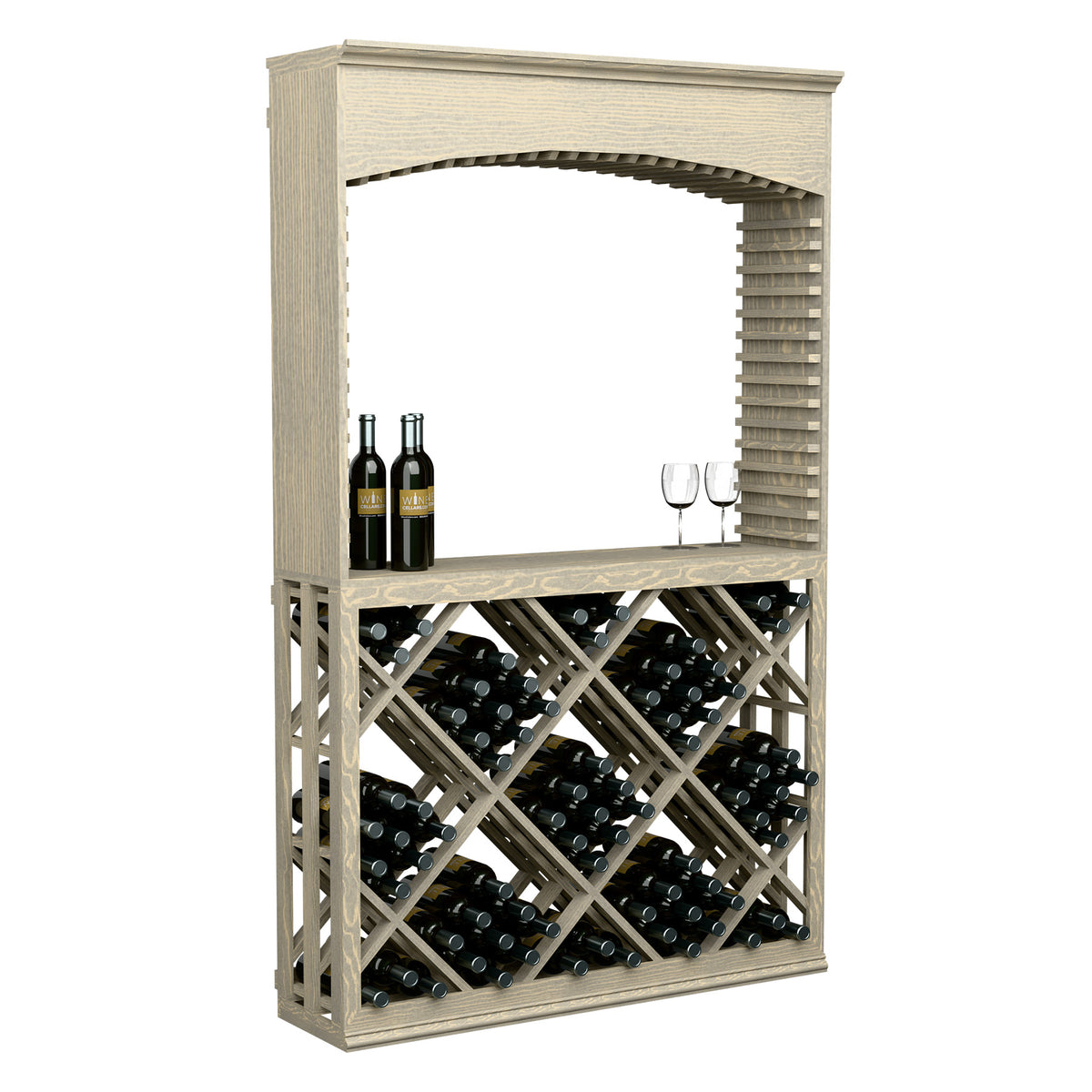 Light wood wine tasting station with archway, lattice bottle rack and two wine bottles