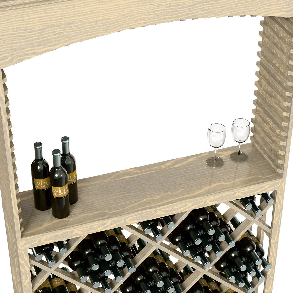 Light wood archway bar top with stemless glasses and wine bottles; lattice wine rack below
