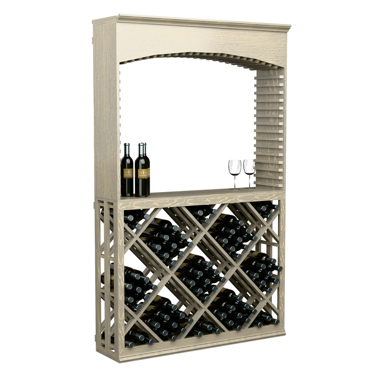 Light wood wine tasting station with archway and diamond lattice wine bottle holder
