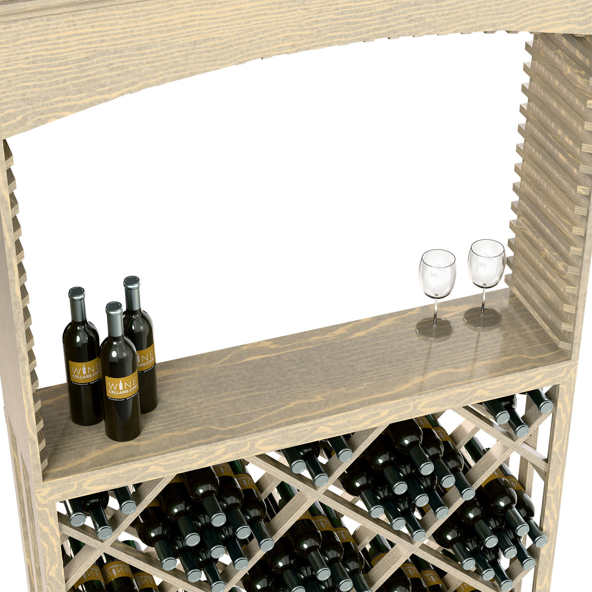 Light wood archway bar top with stemless glasses and wine bottles; lattice wine rack below