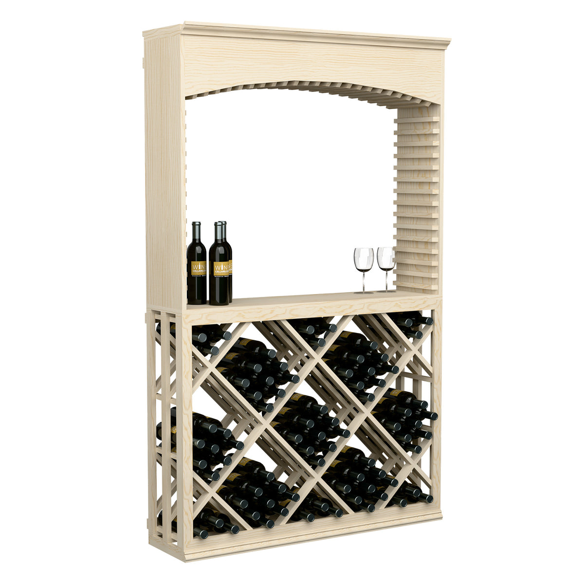 Light wood wine tasting station with archway, lattice bottle rack and two wine bottles