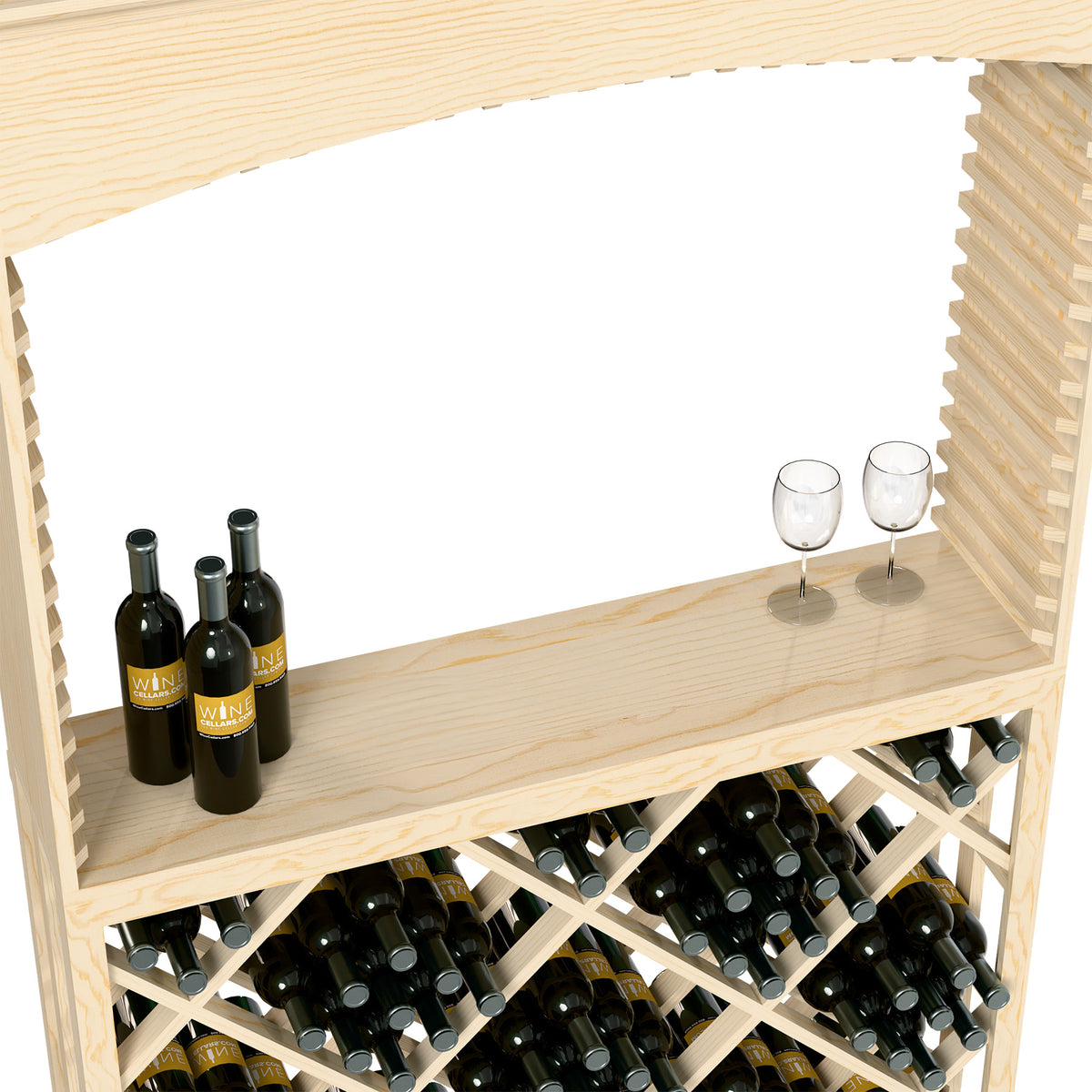Light wood archway bar top with stemless glasses and wine bottles; lattice wine rack below