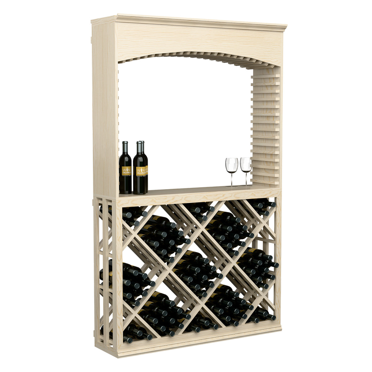 Light wood wine tasting station with archway and diamond lattice bottle rack