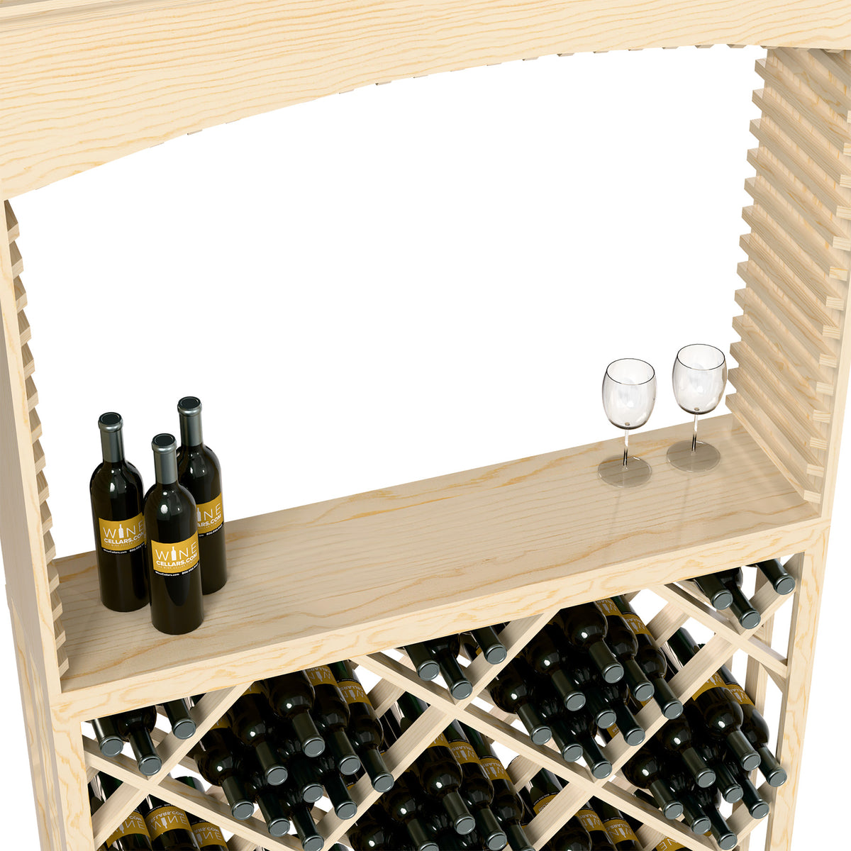 Light wood archway bar top with stemless glasses and wine bottles; lattice wine rack below