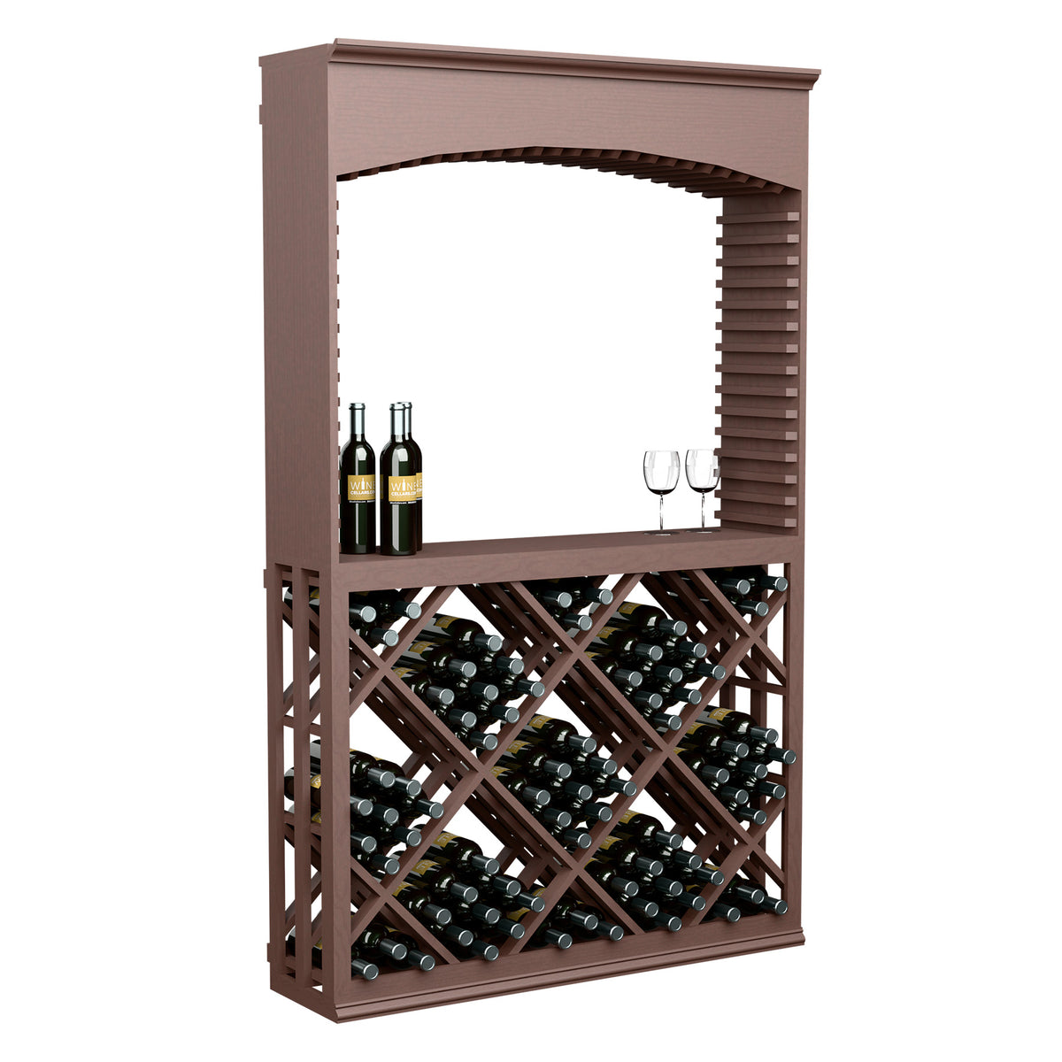 Dark wood wine tasting station with archway, lattice bottle rack and two wine bottles