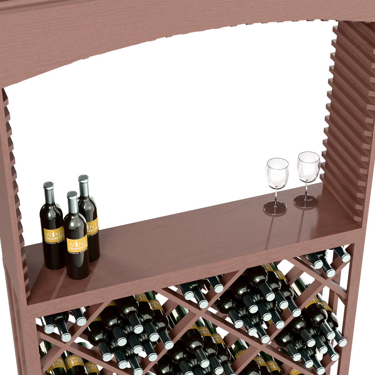 Dark wood archway bar top with stemless glasses and wine bottles; lattice wine rack below