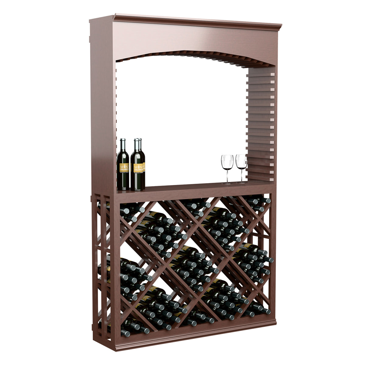 Lattice diamond wine storage tasting station with arch, dark wood frame and bottle slots