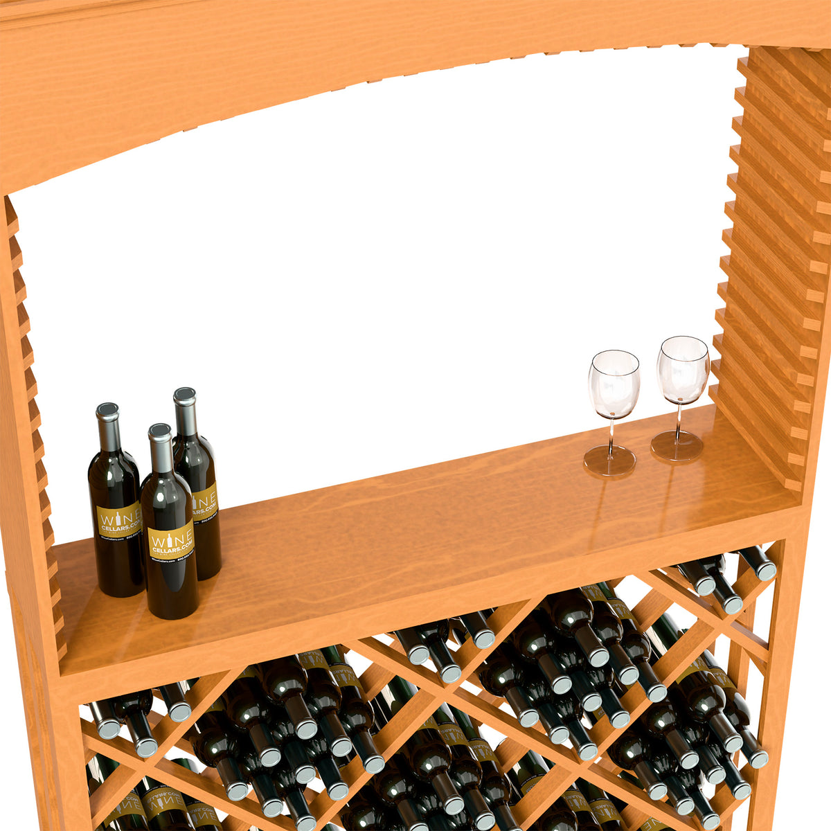 Arched wine tasting station with light wood bar, two stemless glasses and bottle storage