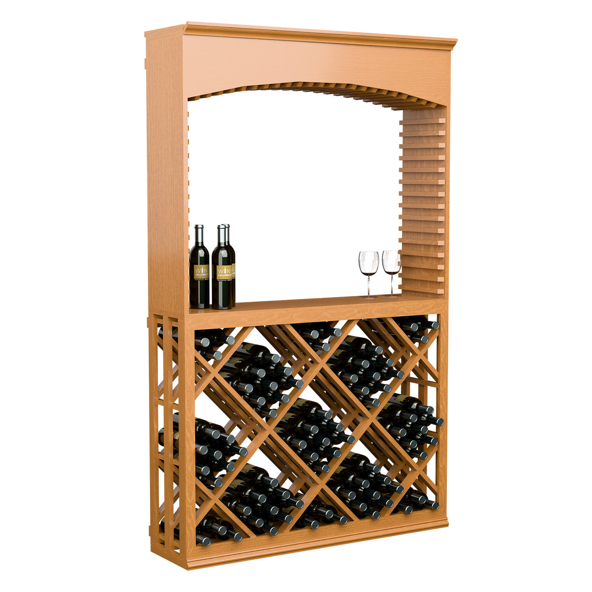 Lattice diamond wine storage tasting station with archway, natural wood finish and bottle racks
