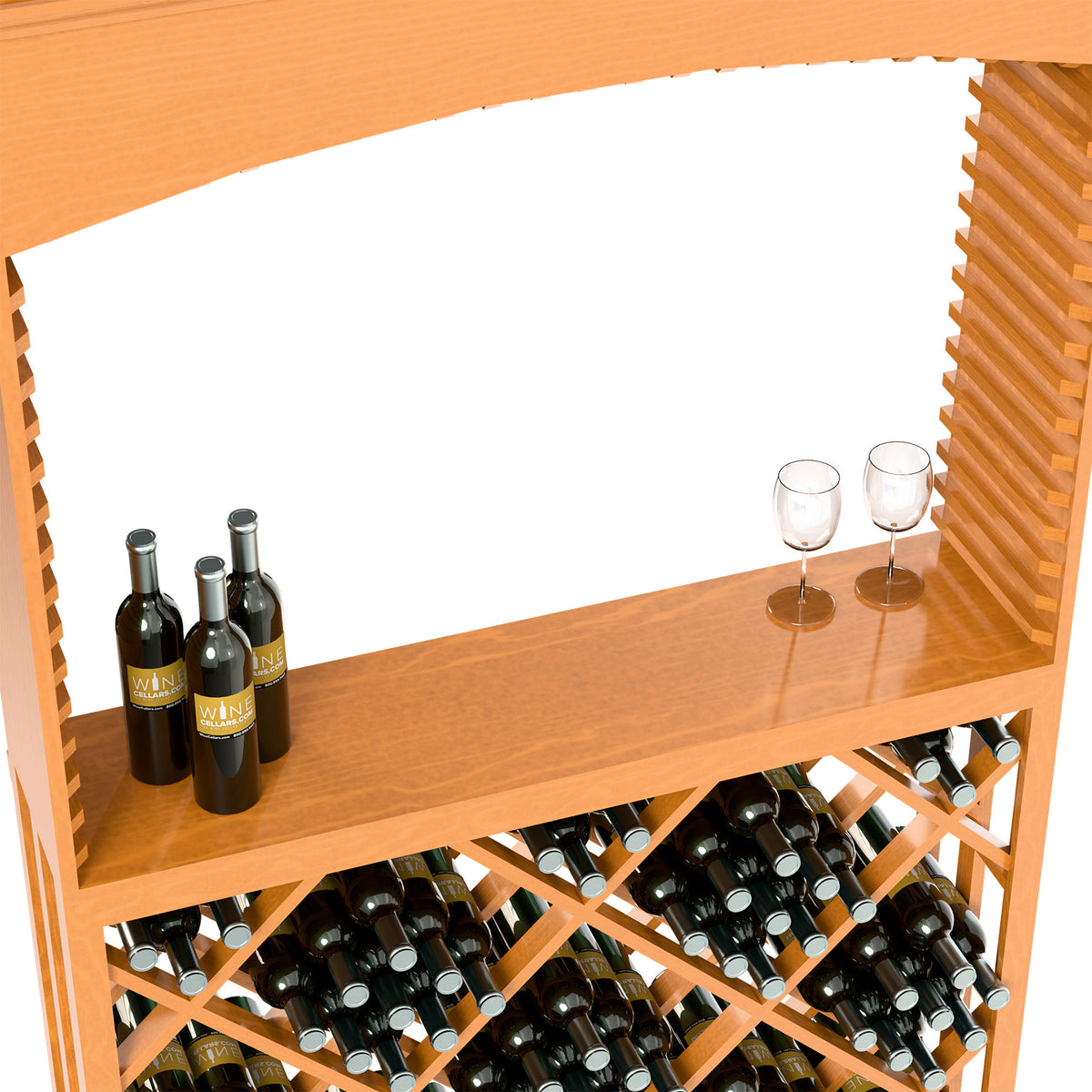 Wine tasting station with arched opening, natural wood bar, glasses and rows of wine bottles