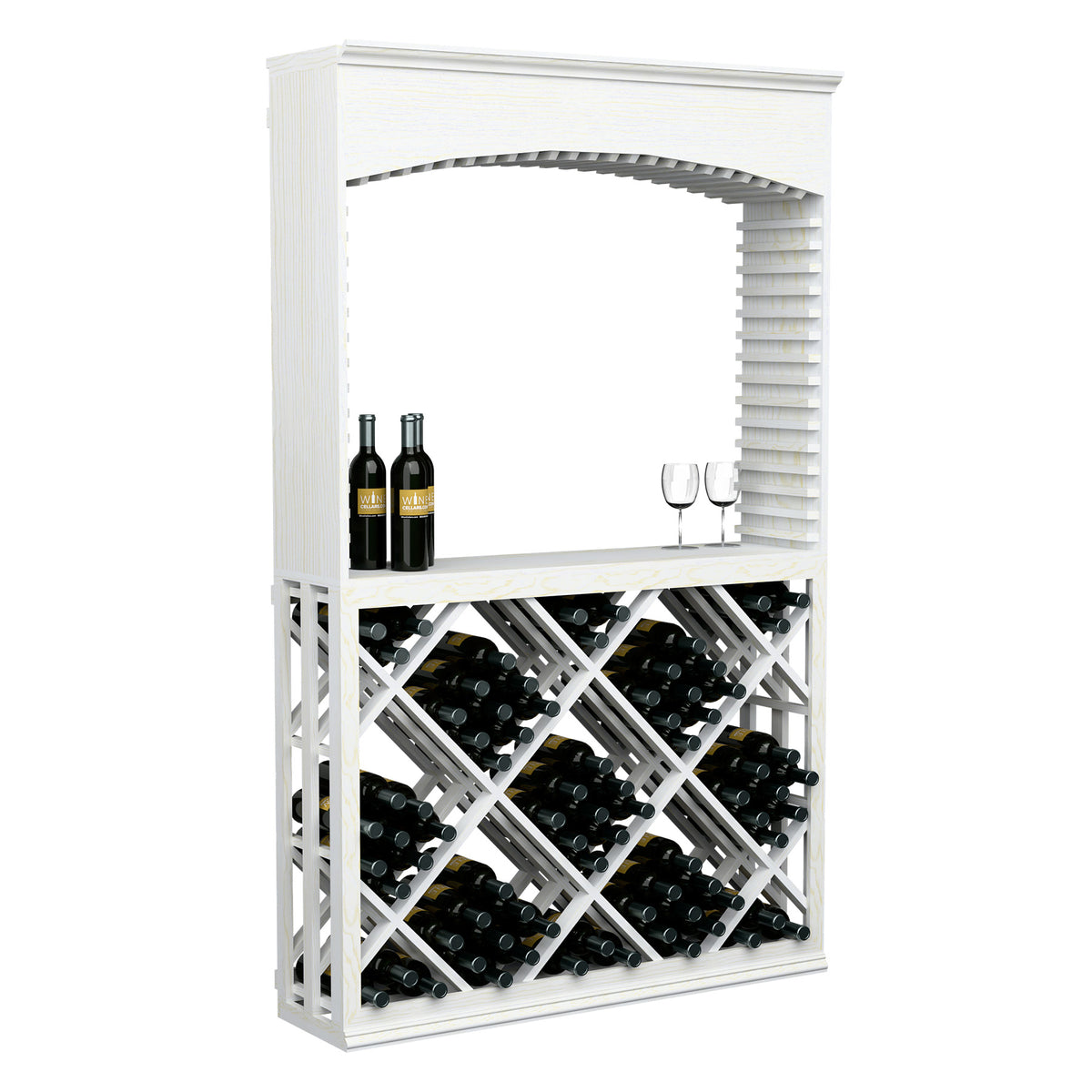 Lattice diamond wine storage tasting station with archway, white frame and wine bottle display