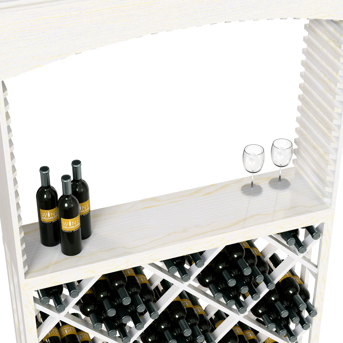 Arched wine tasting station with white bar, stemless glasses, and lattice bottle storage