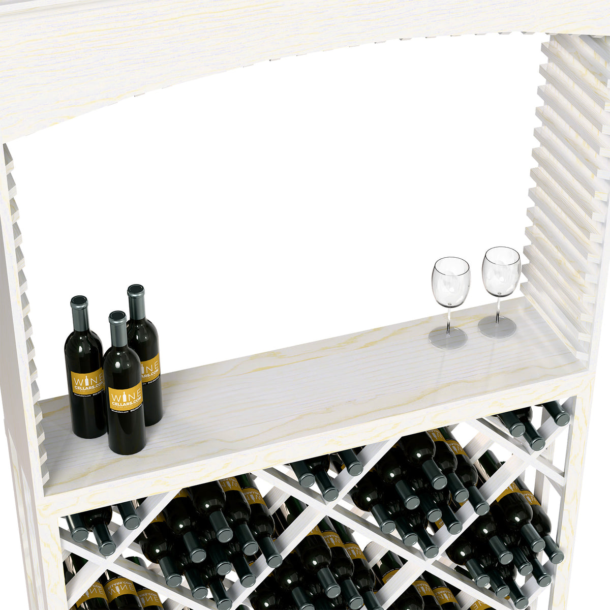 White arched wine tasting station with bar top, glasses, and multiple rows of wine bottles