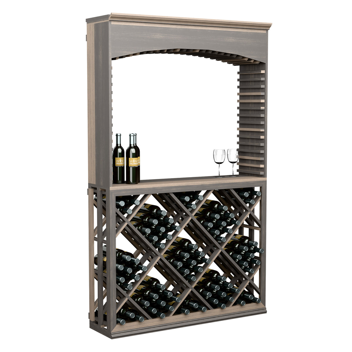 Dark wood lattice diamond wine storage tasting station with arch, bottles and glasses