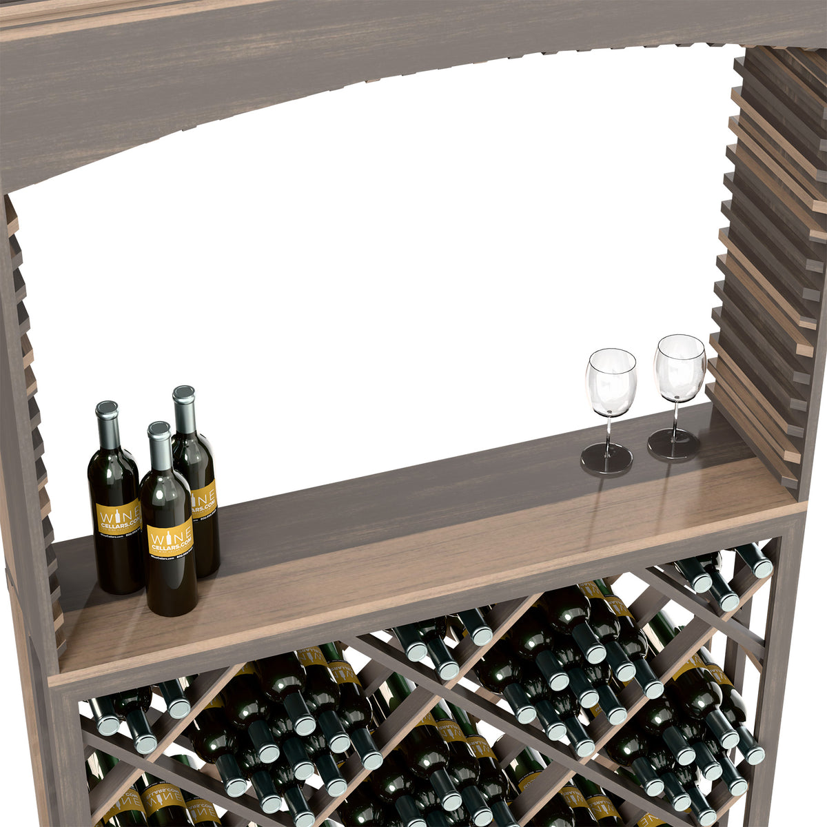 Dark wood tasting bar with wine glasses, bottles, and diamond lattice bottle rack