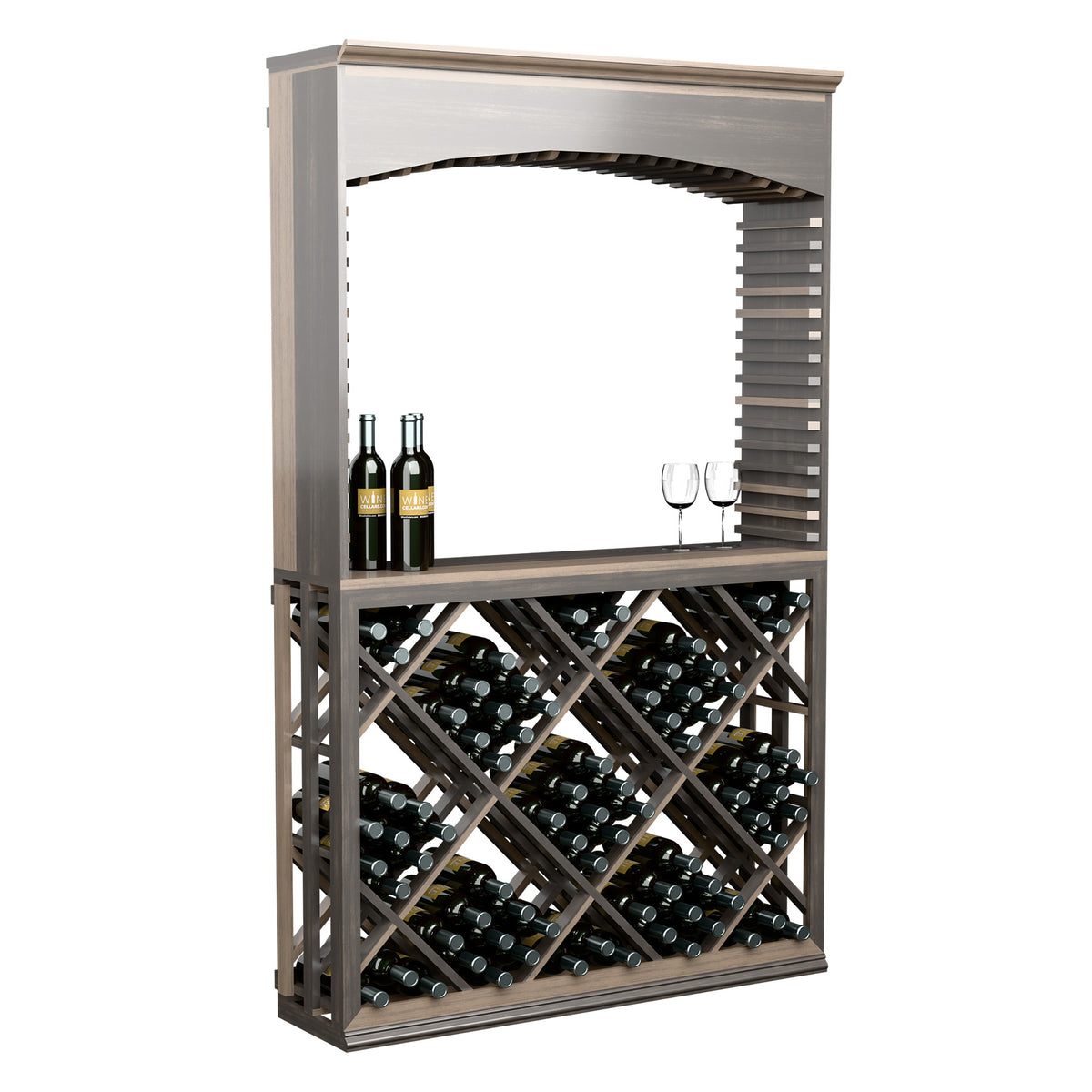 Dark gray wine tasting station with arch opening and diamond lattice wine racks