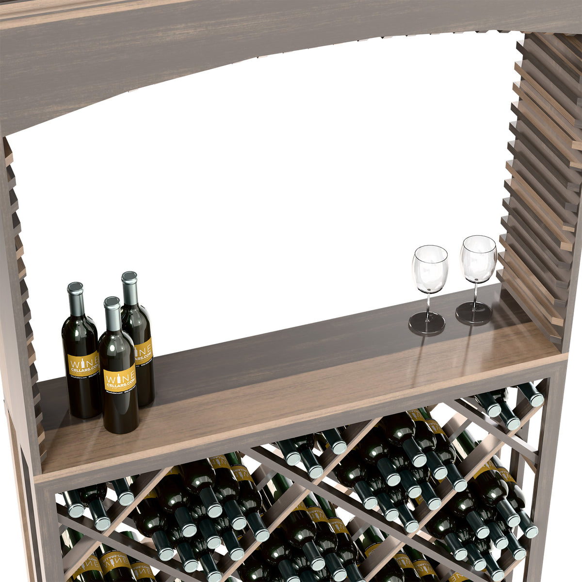 Dark wood wine rack and tasting shelf with bottles and two stemless glasses