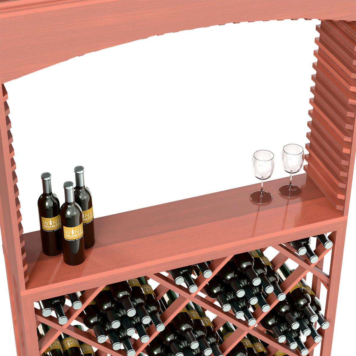 Red wood tasting shelf with two glasses, bottles, and diamond lattice bottle storage