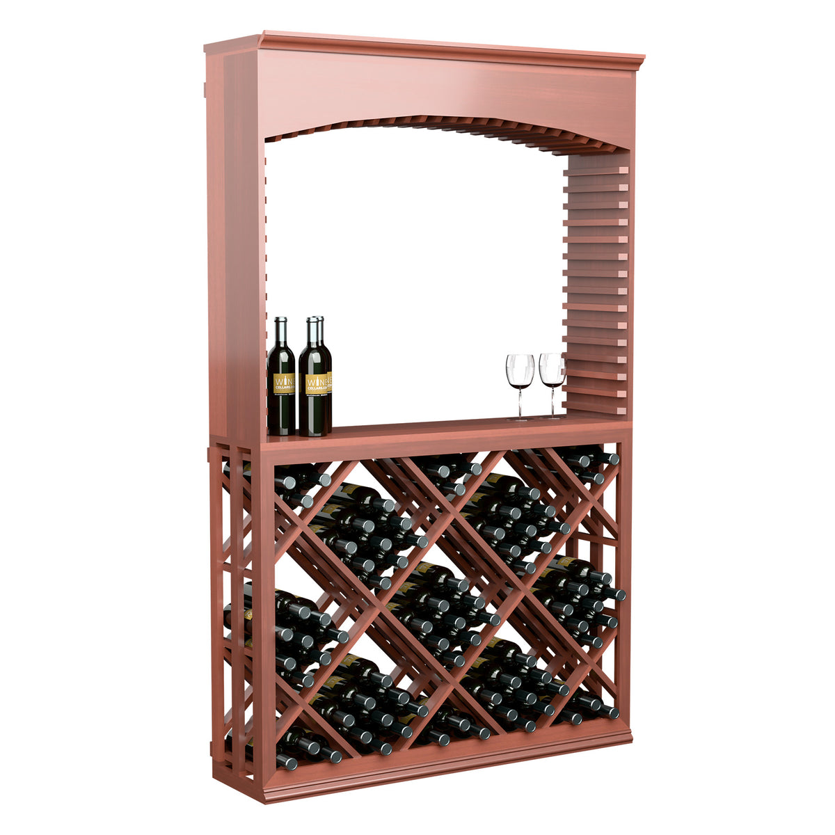Stained red wood wine tasting stand with arched top and diamond lattice wine rack