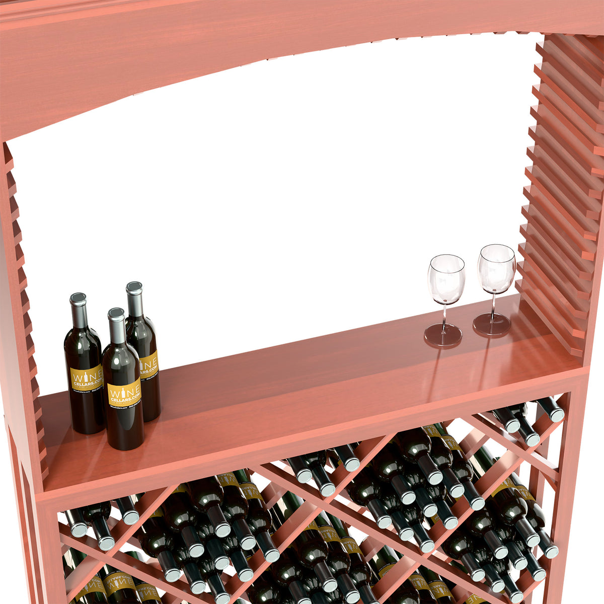 Red wine tasting shelf with bottles, two glasses, and diamond lattice wine storage