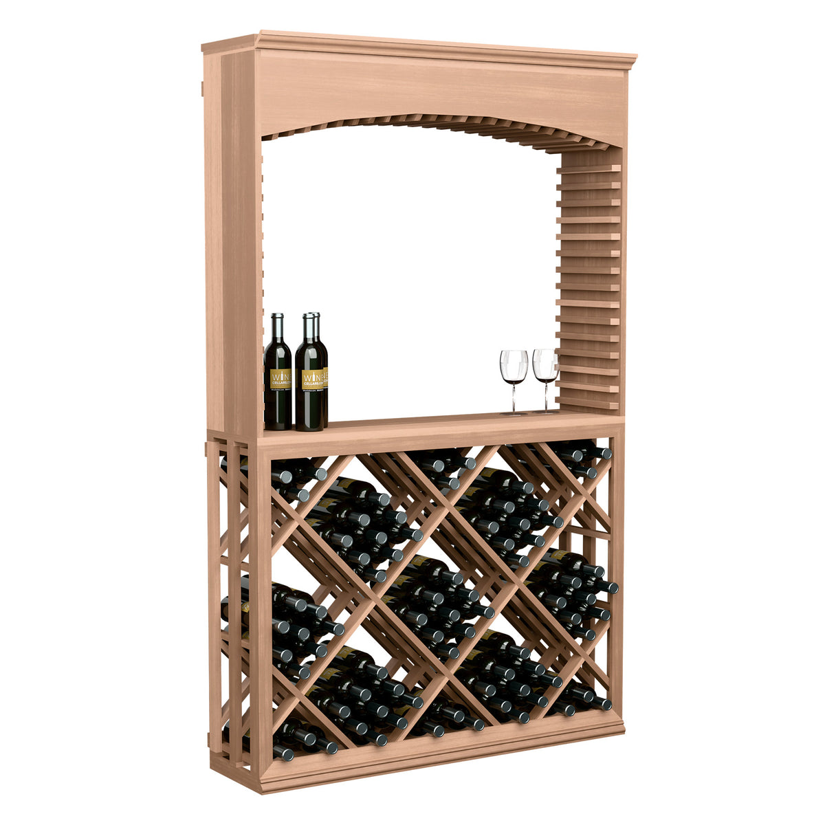 Light wood wine tasting station with archway and diamond lattice bottle racks