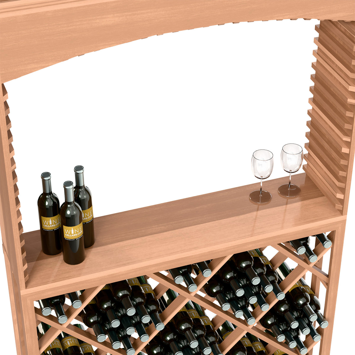 Light wood tasting shelf with bottles, two glasses, and diamond lattice bottle rack