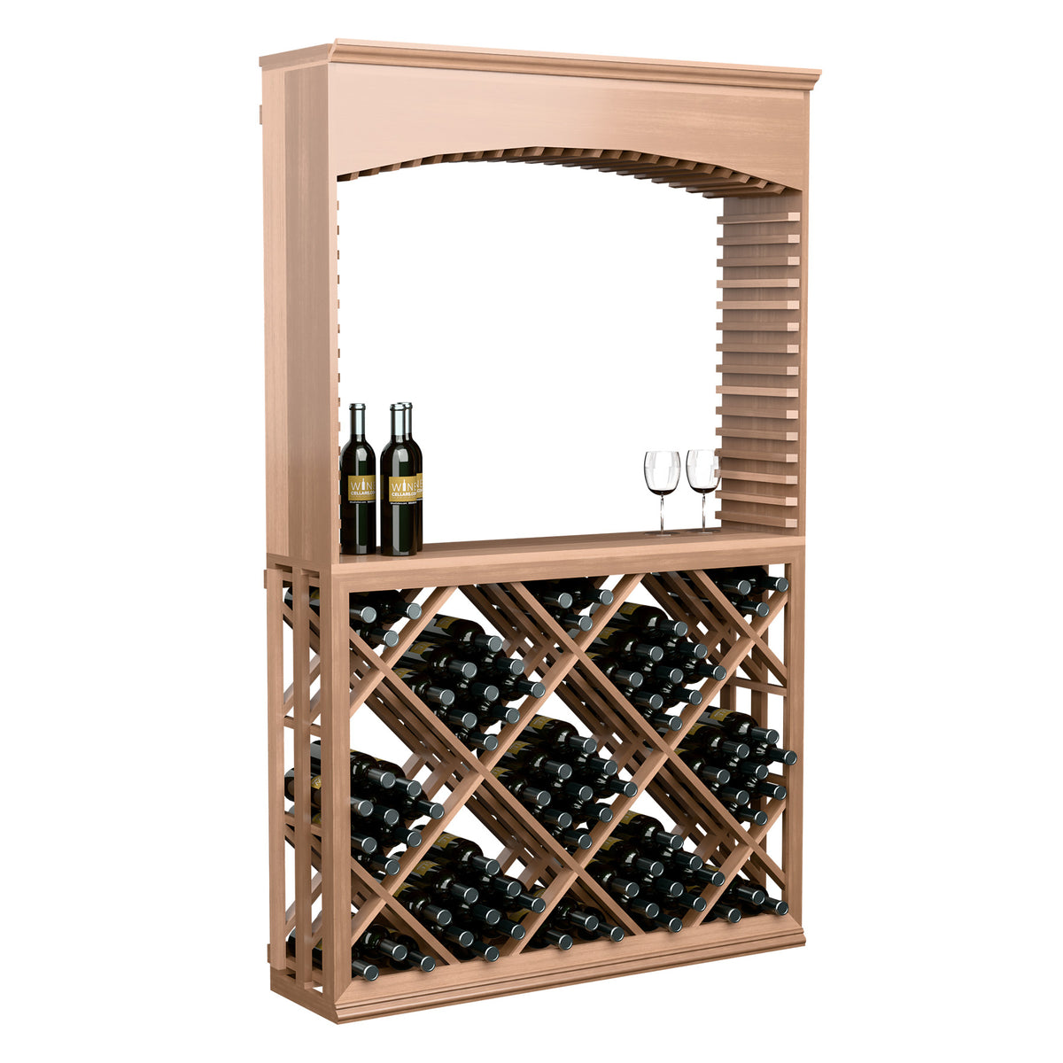 Wood wine tasting station with archway and diamond lattice wine rack, bottles, glasses