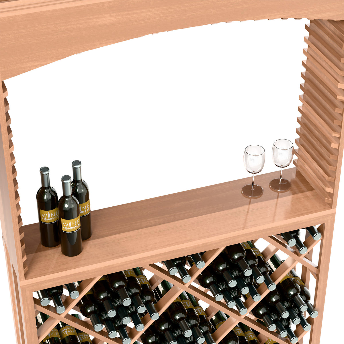 Wood wine tasting station counter with bottles, two wine glasses, and diamond lattice rack