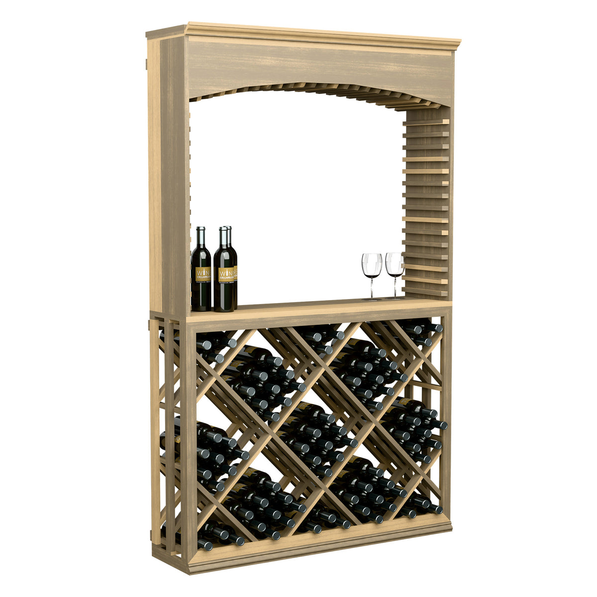 Wood wine tasting station with archway top and diamond lattice wine rack, filled with bottles