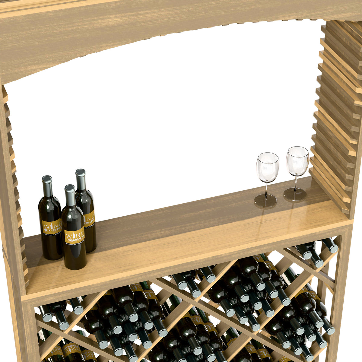 Wood wine tasting station counter with bottles and two wine glasses, diamond lattice rack