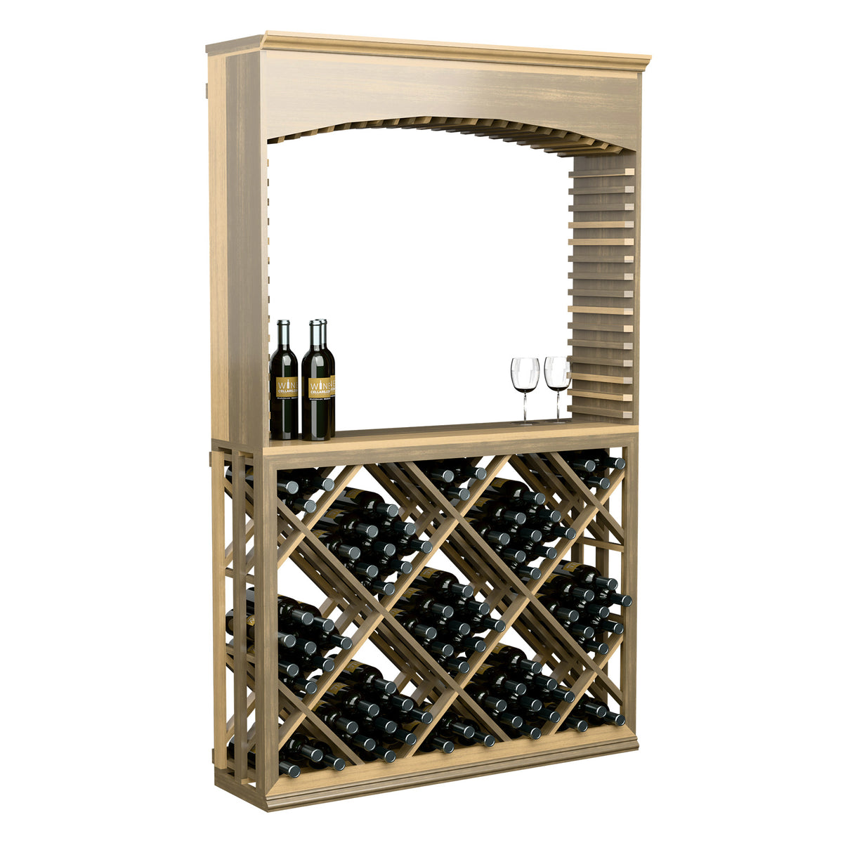 Wood wine tasting station with archway and diamond lattice wine rack, bottles visible