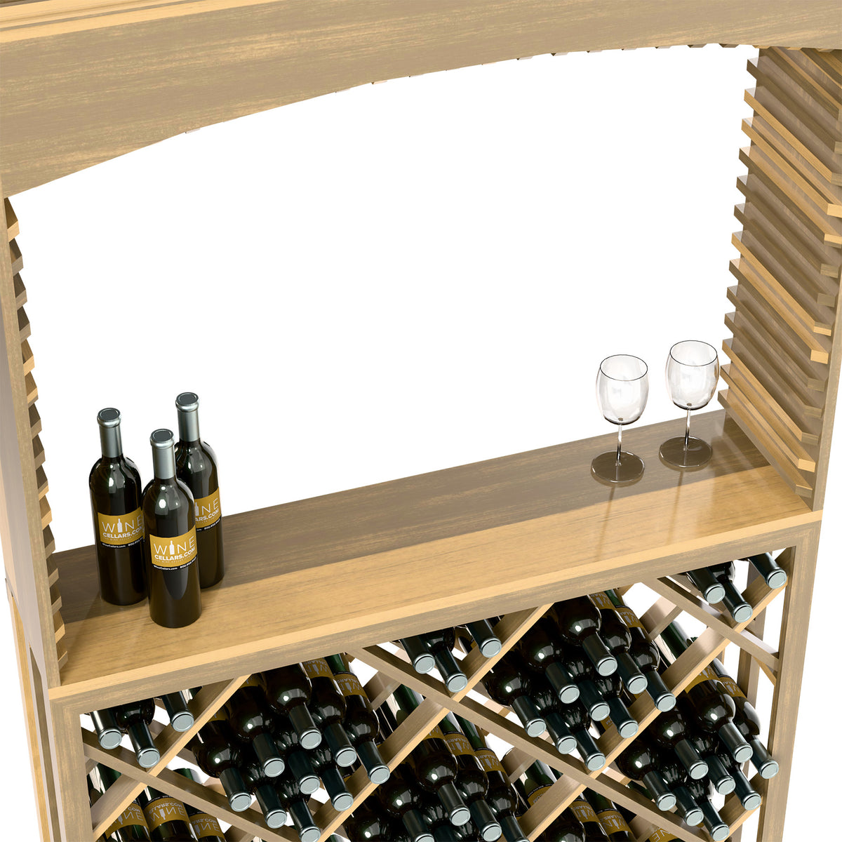 Wood wine tasting station counter with bottles, two glasses, and diamond lattice bottle rack