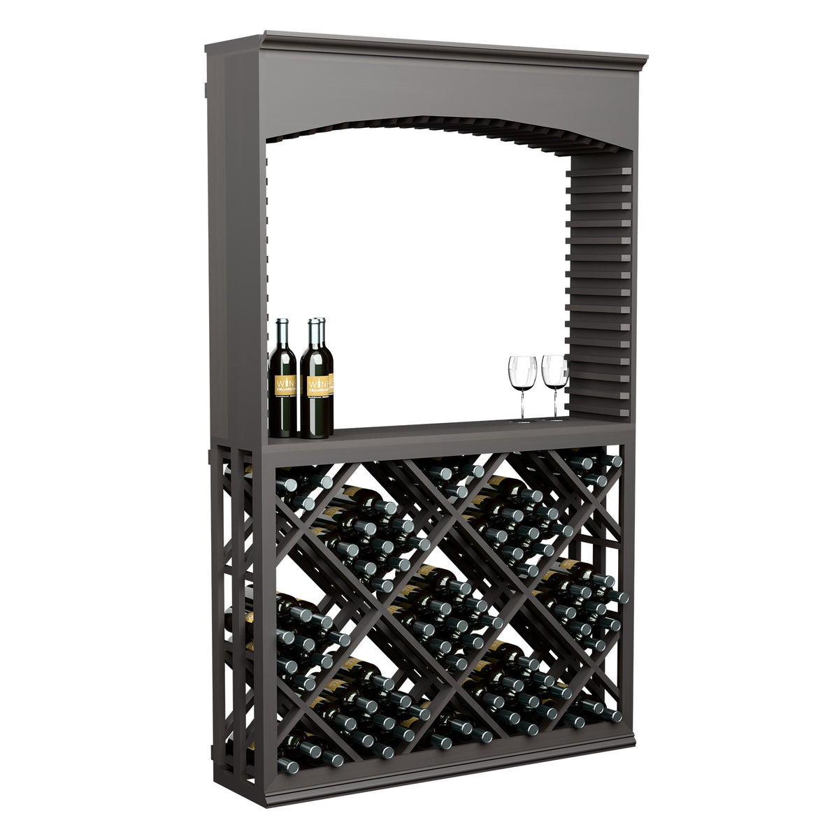 Grey wine tasting station with archway and diamond lattice wine rack, bottles, glasses