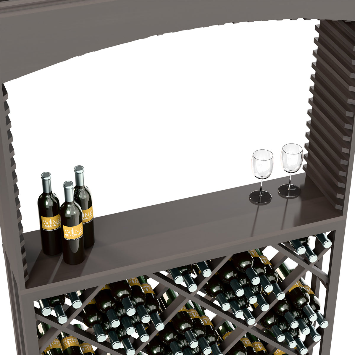 Grey wine tasting station counter with bottles and two wine glasses, diamond lattice rack
