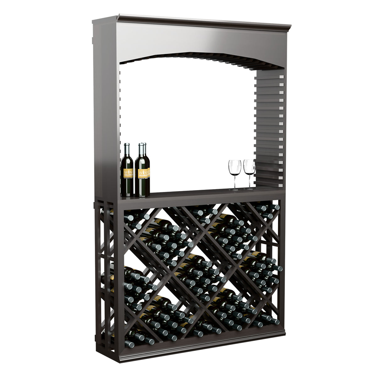 Grey wine tasting station with archway and diamond lattice wine rack, bottles in rows