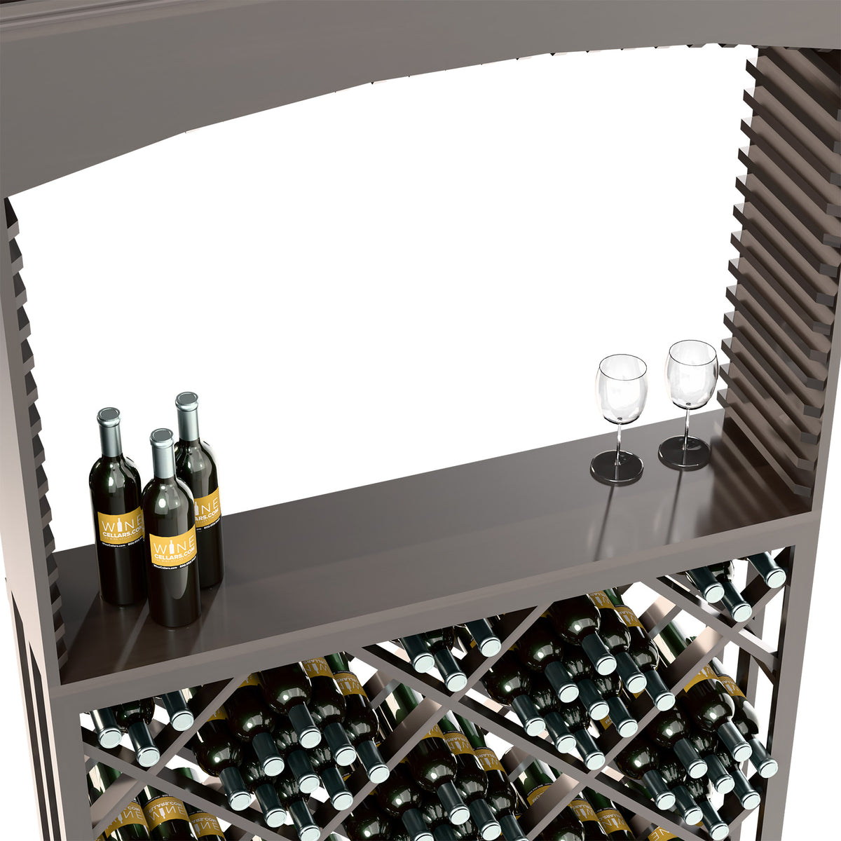 Grey wine tasting station counter with bottles and two glasses, diamond lattice bottle rack