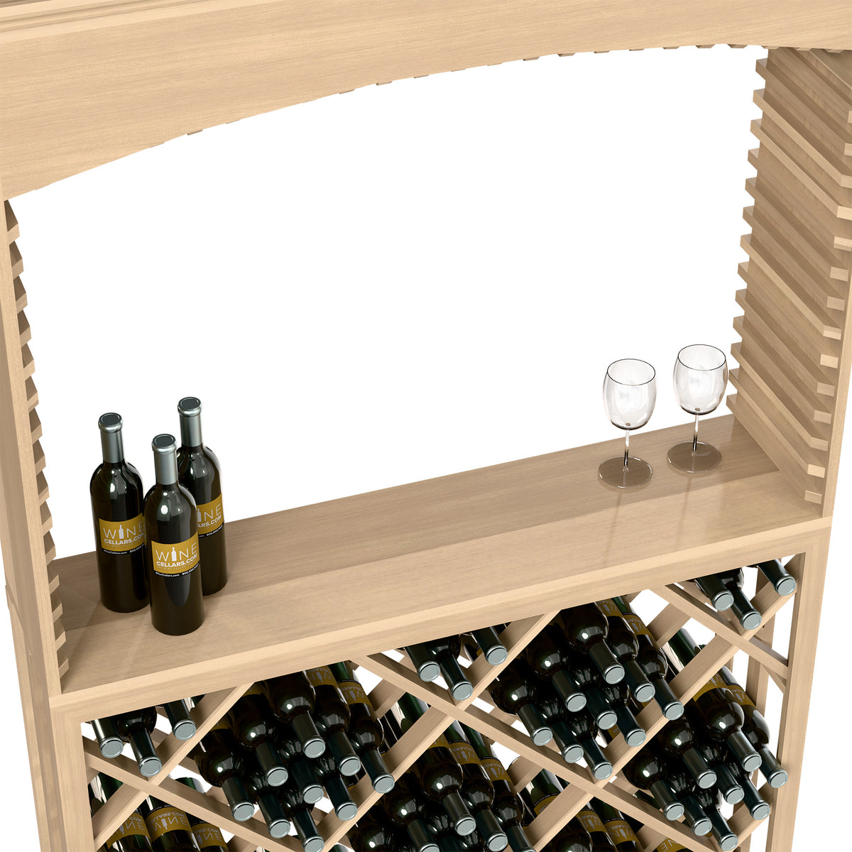 Natural wood tasting station shelf with wine bottles, two glasses, and diamond lattice wine rack