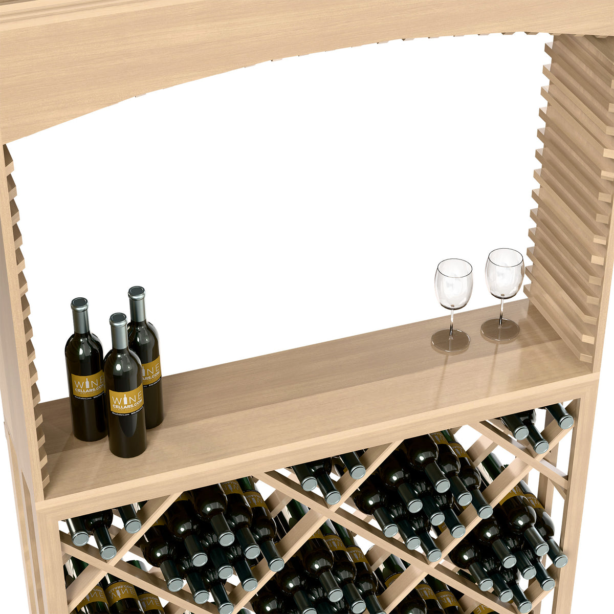 Natural wood tasting station with wine bottles, two stem glasses, and diamond lattice bottle storage