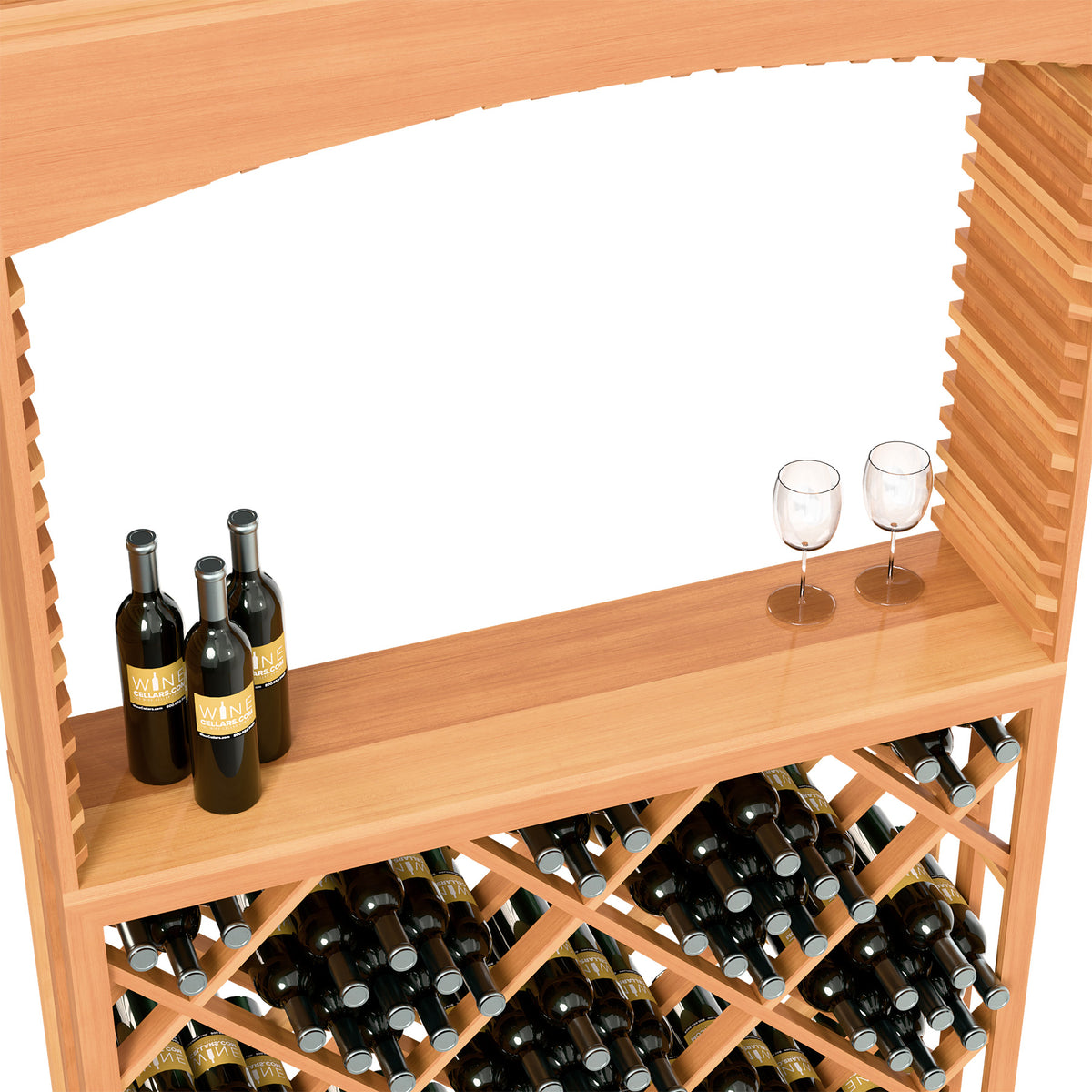 Warm wood tasting station shelf with wine bottles, two glasses, and diamond lattice wine rack