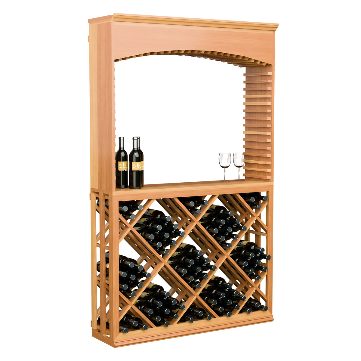 Warm-toned wood wine tasting station with arched opening, diamond lattice wine rack and bottles