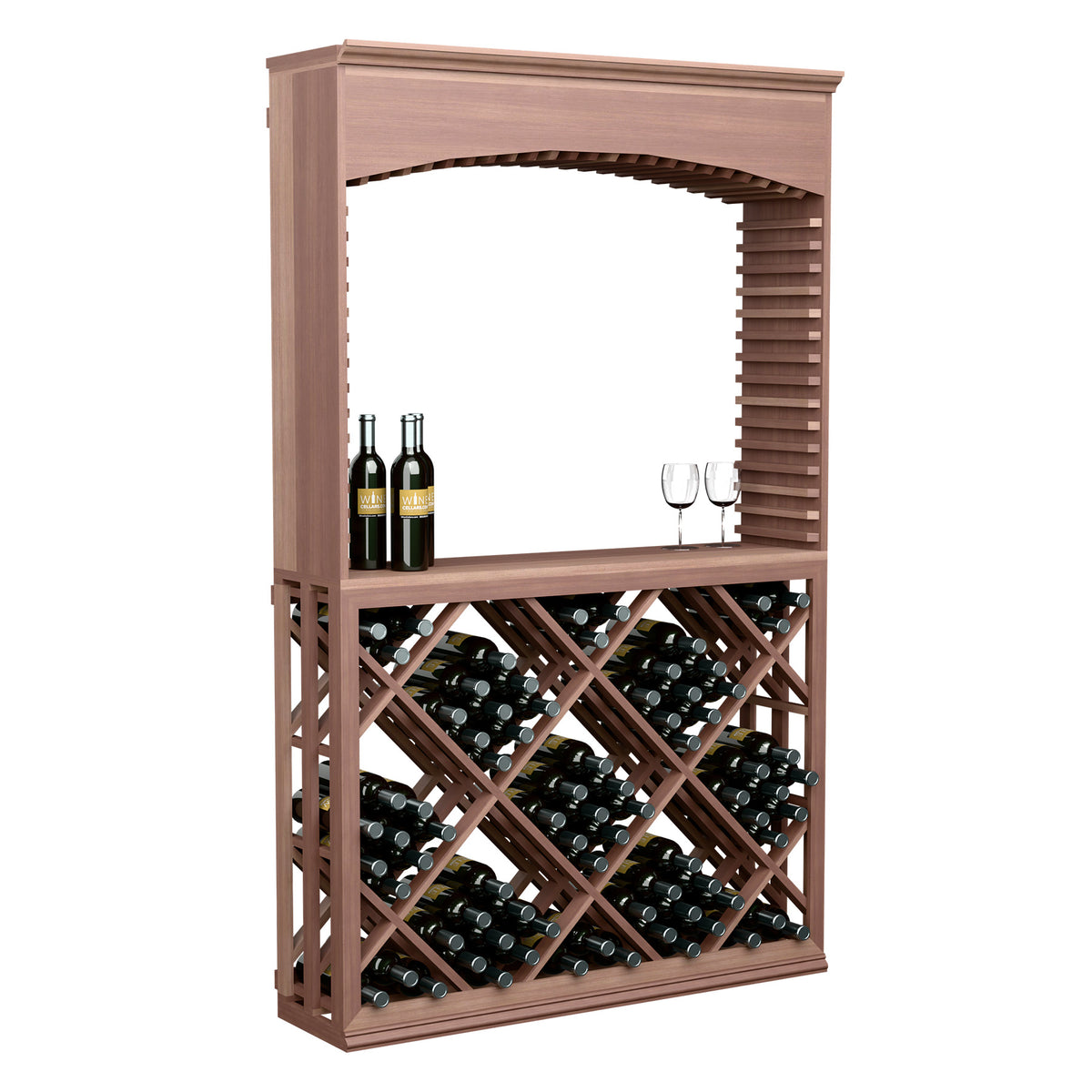 Dark wood wine tasting station with arched top, diamond lattice bottle rack and glass holders