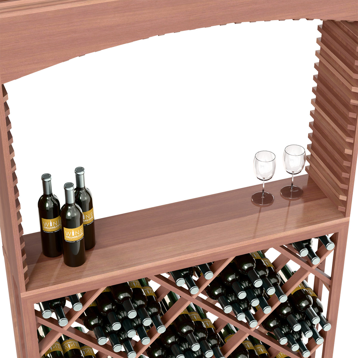 Dark wood tasting station shelf with wine bottles, two glasses, and diamond lattice wine rack