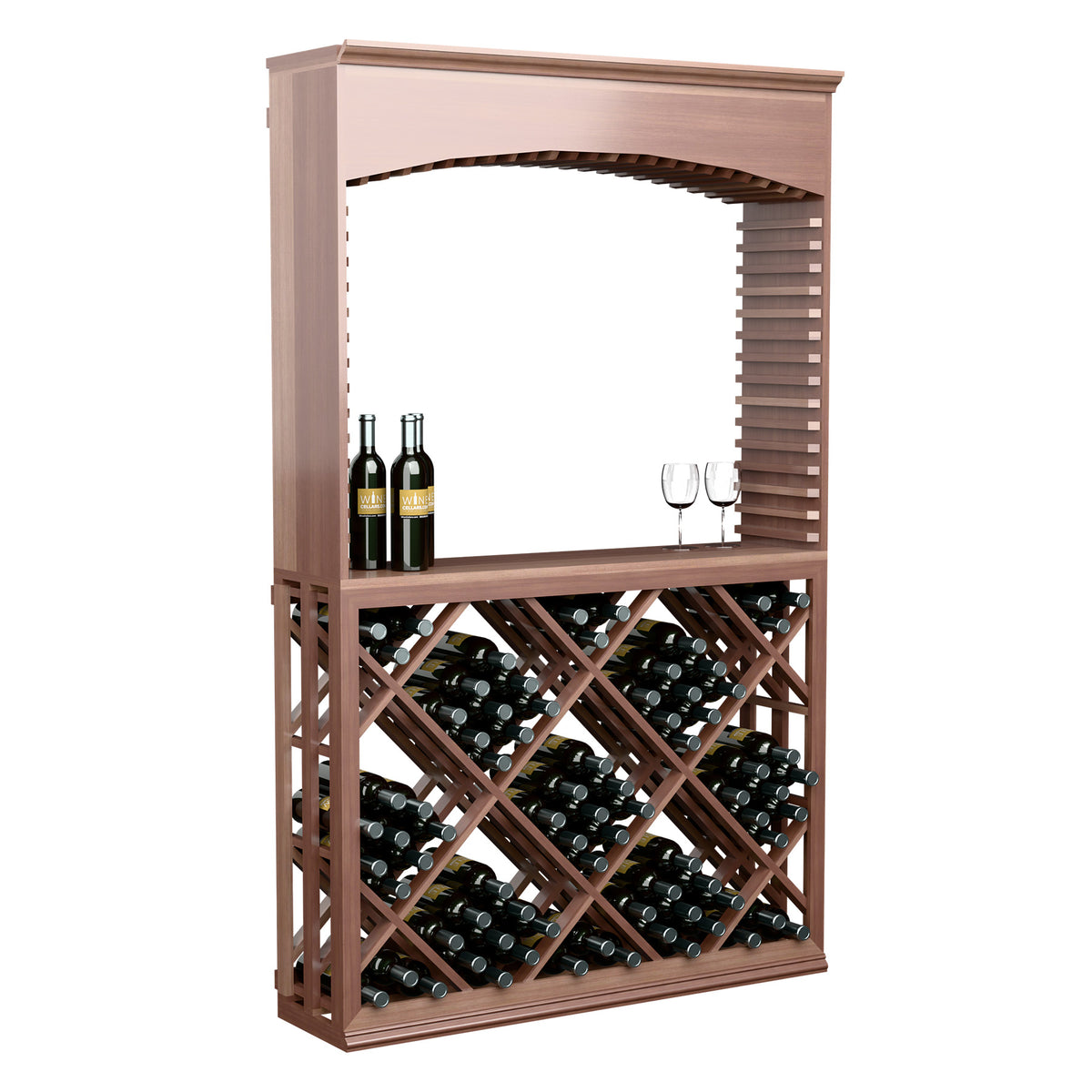 Dark wood wine tasting station with archway top shelf, bottle rack, and stemware.