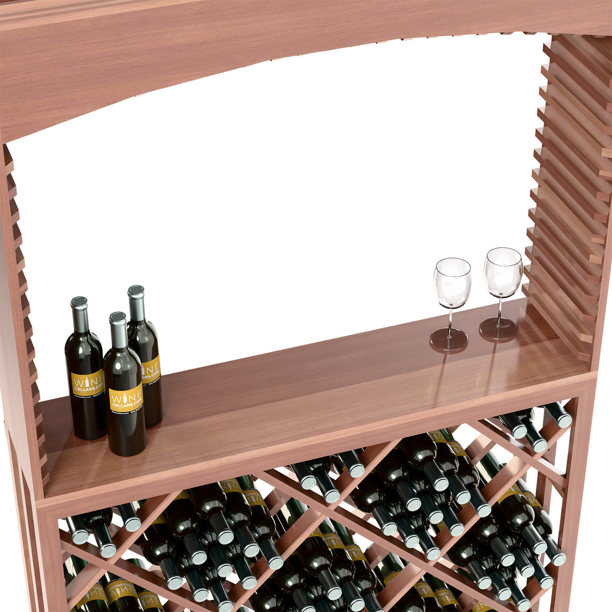 Dark wood bar top with wine bottle holder and lattice diamond wine rack underneath.